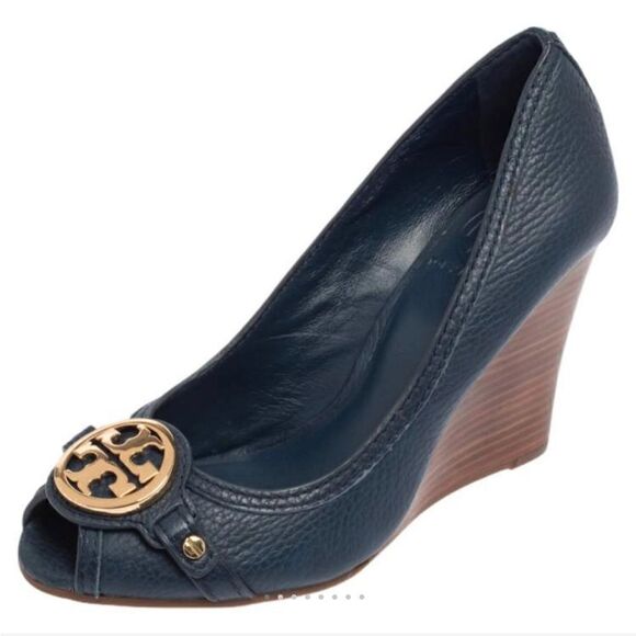 Tory Burch leticia wedge pumps/peep toe shoes/sandals/heels- blue gold wood sz 6 - Picture 1 of 9